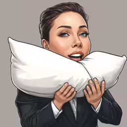 a woman in suit hiding behind pillows