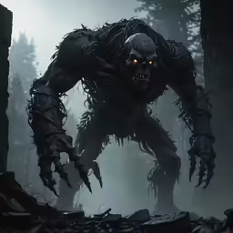 a creepy monster with glowing eyes stands in front of trees