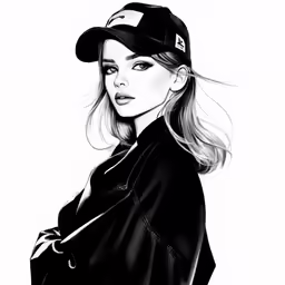 a portrait drawing of a woman wearing a black baseball cap