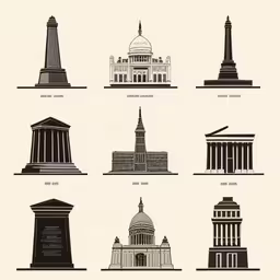 many architectural drawings showing the names of different buildings,a bunch of buildings are on display in an old - fashioned fashion