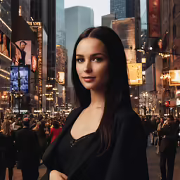 a woman in a black top standing in the city