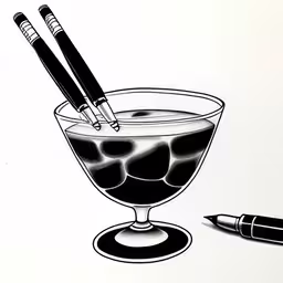 drawing of a cocktail glass with liquid and a pen,an ink drawing of a cocktail with a knife stuck in it