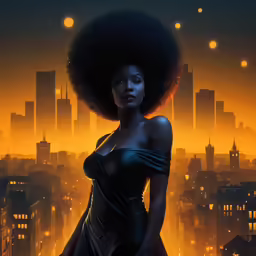 a black woman is standing on a ledge with a city background