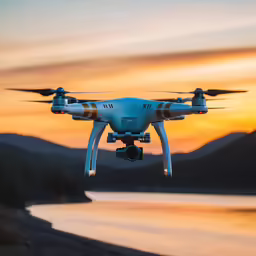 a large white and blue aerial flying over a body of water