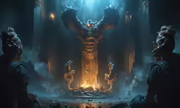 a group of people watching another person stand in front of a burning statue