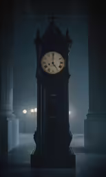 a dark clock stands with light up in the background