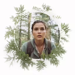woman in the woods looking at something through a tree