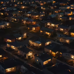 a night time view of some small town houses with some lights on
