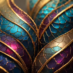 a group of gold and blue objects are stacked on top of each other