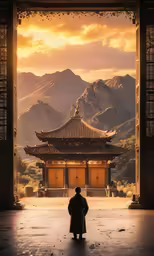 a man standing in an open area with a tower and mountain view