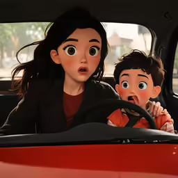 an animated family riding in a car with the child holding a steering wheel and making faces