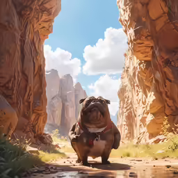 the dog is sitting in front of some rock formations