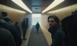 people in an elevator in the background looking towards the ceiling