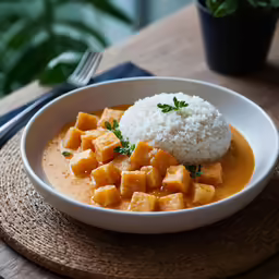 rice and a bowl of food sit on a table