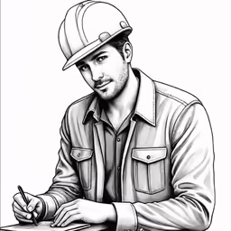 a drawing of a man in a helmet working on a piece of paper