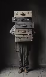 a man standing behind old trunks holding luggage