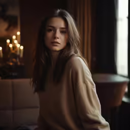 a young woman wearing a beige sweater posing for the camera