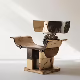 a broken and battered, wooden chair with wheels sitting against a white background