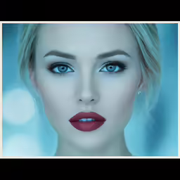 the girl with bright red lipstick has blue eyes