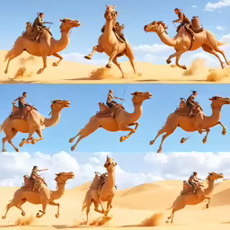 a series of images with a person on a camel and in the air