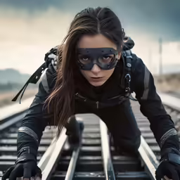 a young woman is wearing a cat eye outfit while holding onto an old railroad track