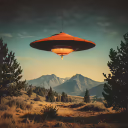 an orange alien flying over a field and mountains