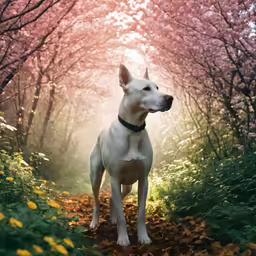 the dog is standing in front of a bunch of trees