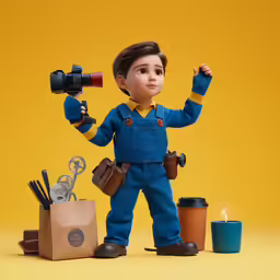 a doll dressed like an artist is holding something to his head