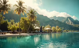 a beautiful resort with palm trees on the beach
