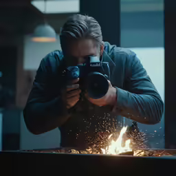 a man holding a camera to capture something