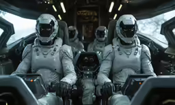 two people in suits are sitting in the cockpit of a spaceship