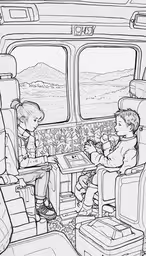 an image of a boy and girl sitting on a bus,two children sitting on a bus with one girl in the back