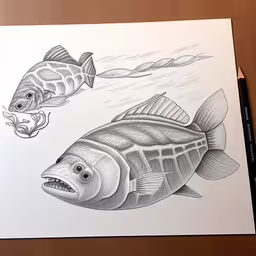 a drawing of two large fish swimming near each other