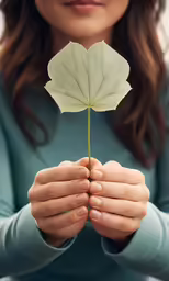 a woman holds up a green leaf in her hands