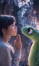 the girl stands by a large turtle next to her face