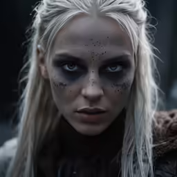 the witch with a white hair is staring into the camera