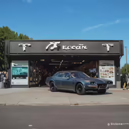 a couple of cars parked outside of a store