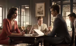 four business people sit around a desk in a room