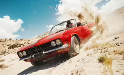 an old car is running on sand dunes