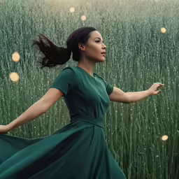 woman in green dress with flying bubbles next to field