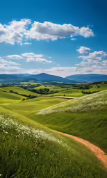 a dirt road is near the green rolling hills