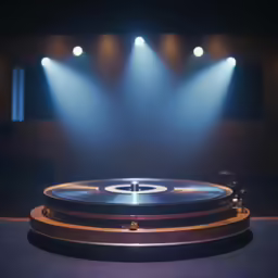 a large record player on stage with a spotlight