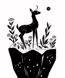 a black and white illustration of a deer with stars in the sky,a deer in a field with leaves and flowers
