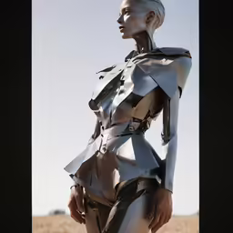 a woman in a futuristic futuristic look is standing with her hands behind her back