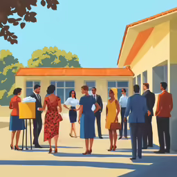 several people in business suits standing outside of a building