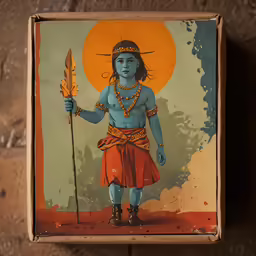 a box holding an image of a man with a stick