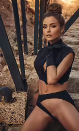 the woman is sitting on stairs wearing a bikini