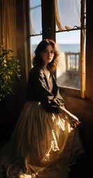 a woman in a long dress sitting near a window