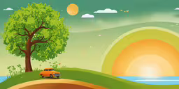 a painting with a green tree on a hill,a cartoon of an orange truck driving along a river