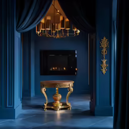 a dark room with blue walls and gold tables